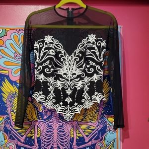 TADASHI Beaded Mesh Long Sleeve Top S